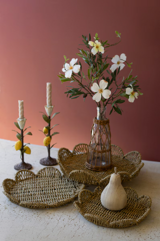 SET OF THREE FLOWER SHAPED WOVEN SEAGRASS TRAYS