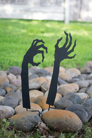 SET OF TWO BLACK METAL WITCH ARMS YARD STAKES