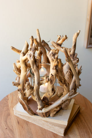 DRIFTWOOD WILLOW ROOT WITH ONE GLASS CANDLE HOLDER