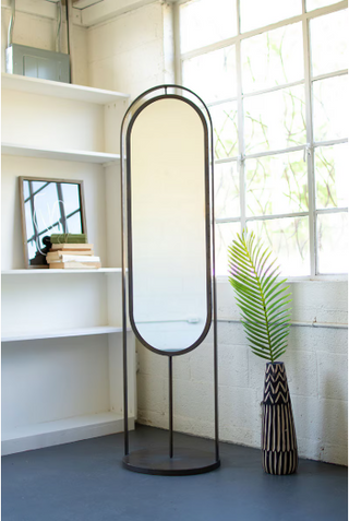 TALL OVAL FLOOR MIRROR WITH RACK AND BASKET ON BACK