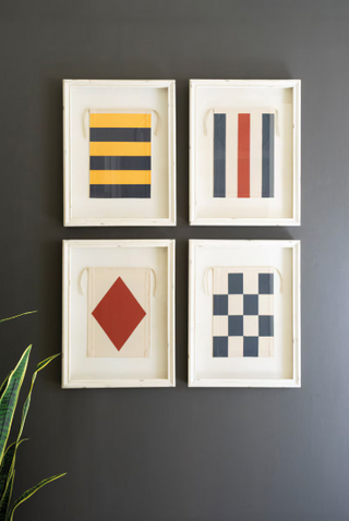 SET OF FOUR FRAMED CANVAS NAUTICAL FLAGS UNDER GLASS