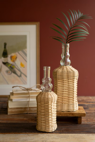 SET OF TWO GLASS BOTTLE BUD VASES WITH WICKER WRAP