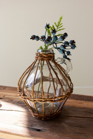 SET OF THREE WICKER WRAPPED GLASS BUD VASES