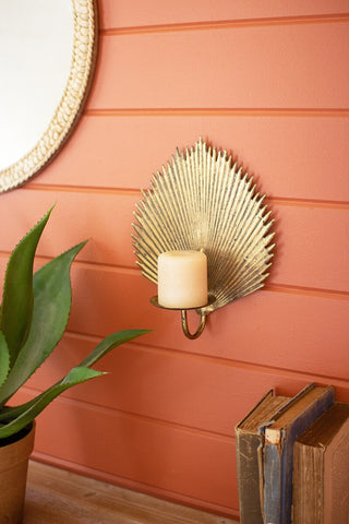 ANTIQUE BRASS PALM LEAF CANDLE SCONCE