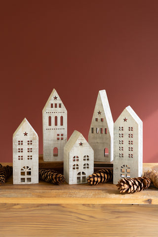 SET OF FIVE WOODEN VILLAGE - WHITEWASH