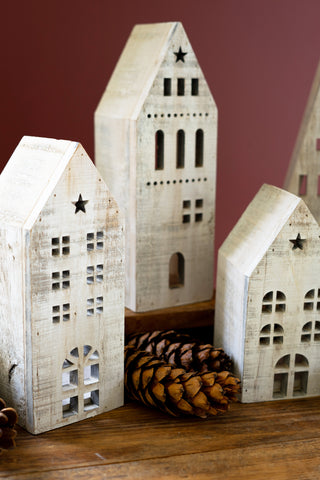 SET OF FIVE WOODEN VILLAGE - WHITEWASH