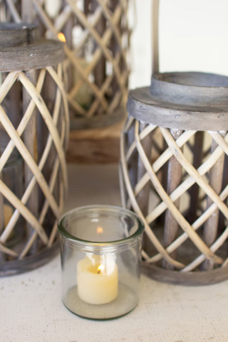 SET OF FOUR GREY WILLOW CYLINDER LANTERNS W GLASS INSERTS