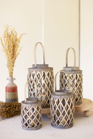 SET OF FOUR GREY WILLOW CYLINDER LANTERNS W GLASS INSERTS