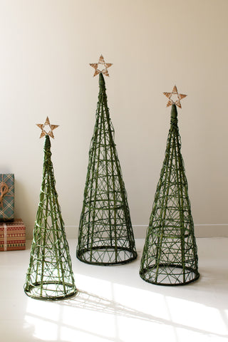 SET OF THREE CHRISTMAS TOPIARIES - GREEN WITH NATURAL STAR