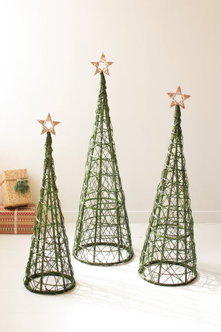 SET OF THREE CHRISTMAS TOPIARIES - GREEN WITH NATURAL STAR