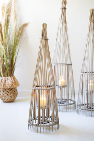 SET OF THREE GREY RATTAN LANTERNS WITH GLASS INSERTS