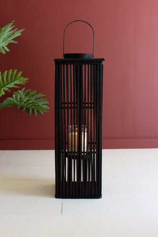 TALL BROWN RECTANGLE BAMBOO LANTERN - W GLASS INSERT LARGE