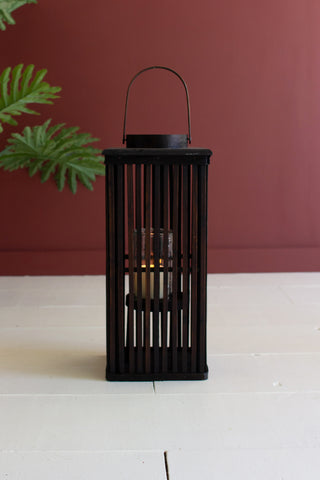 TALL BROWN RECTANGLE BAMBOO LANTERN - W GLASS INSERT SMALL