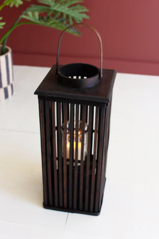 TALL BROWN RECTANGLE BAMBOO LANTERN - W GLASS INSERT SMALL