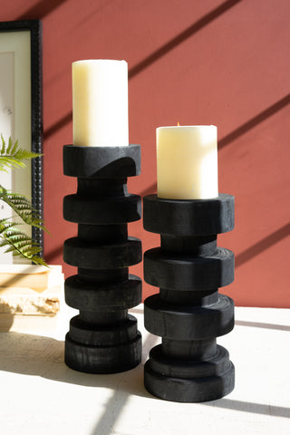 SET OF TWO TURNED WOOD CANDLE TOWERS - BLACK