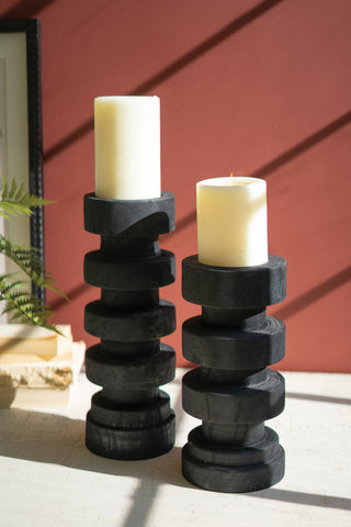 SET OF TWO TURNED WOOD CANDLE TOWERS - BLACK