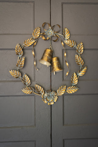 ANTIQUE BRASS CHRISTMAS DOOR WREATH LEAVES AND BELLS