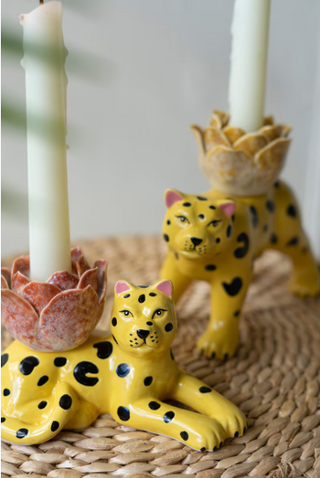 SET OF TWO CERAMIC CHEETAH TAPER CANDLE HOLDERS