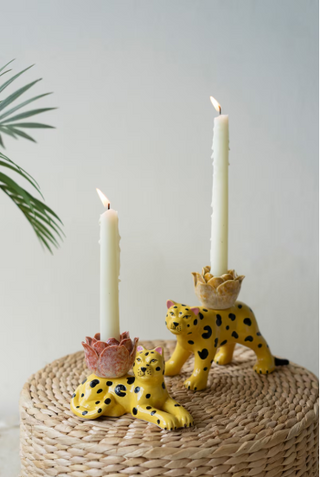 SET OF TWO CERAMIC CHEETAH TAPER CANDLE HOLDERS