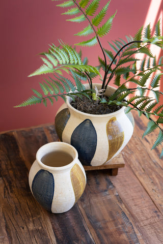 SET OF TWO CERAMIC URNS - BLUE, MUSTARD AND GREEN DETAIL