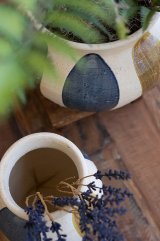 SET OF TWO CERAMIC URNS - BLUE, MUSTARD AND GREEN DETAIL