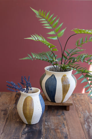 SET OF TWO CERAMIC URNS - BLUE, MUSTARD AND GREEN DETAIL