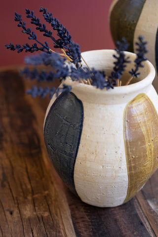 SET OF TWO CERAMIC URNS - BLUE, MUSTARD AND GREEN DETAIL