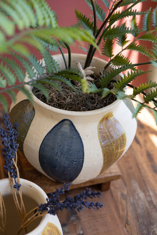 SET OF TWO CERAMIC URNS - BLUE, MUSTARD AND GREEN DETAIL