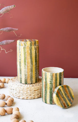 SET OF TWO CERAMIC CANISTERS - OLIVE AND TOBACCO STRIPES