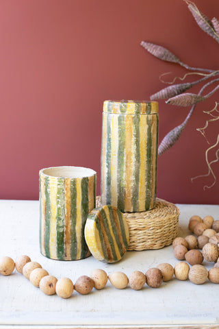 SET OF TWO CERAMIC CANISTERS - OLIVE AND TOBACCO STRIPES