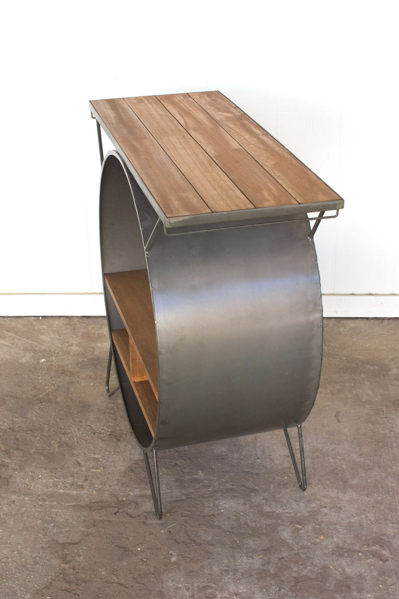 Round Metal Cubby Console with Slatted Wood Top