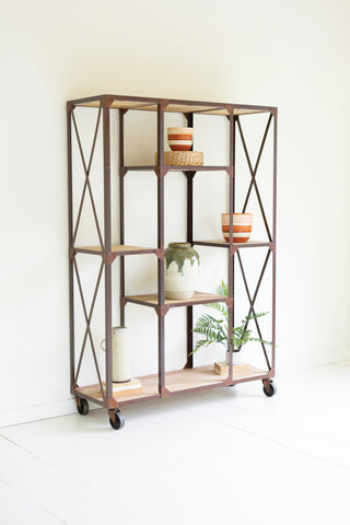 IRON AND WOOD DISPLAY ALTERNATING SHELVES AND IRON CASTERS