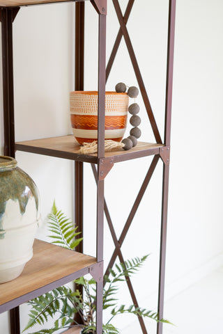 IRON AND WOOD DISPLAY ALTERNATING SHELVES AND IRON CASTERS