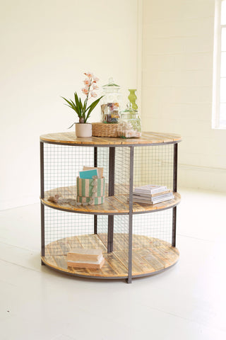 ROUND IRON AND WOOD THREE TIERED DISPLAY UNIT