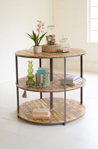 ROUND IRON AND WOOD THREE TIERED DISPLAY UNIT