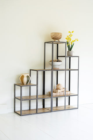 SET OF TWO IRON AND WOOD STAIR STEP DISPLAY SHELVES