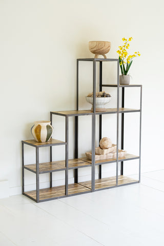 SET OF TWO IRON AND WOOD STAIR STEP DISPLAY SHELVES