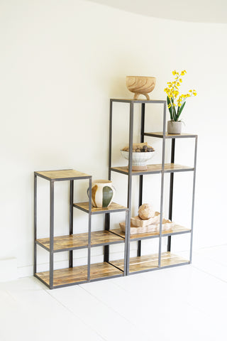 SET OF TWO IRON AND WOOD STAIR STEP DISPLAY SHELVES