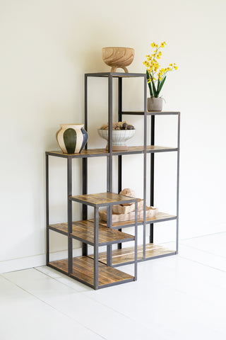 SET OF TWO IRON AND WOOD STAIR STEP DISPLAY SHELVES