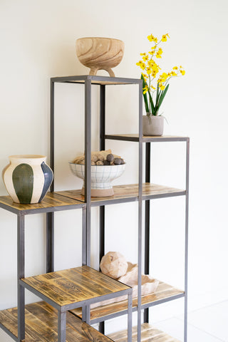 SET OF TWO IRON AND WOOD STAIR STEP DISPLAY SHELVES