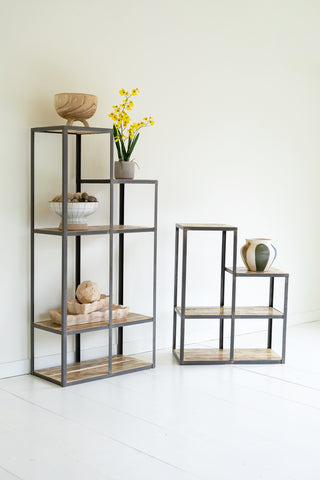 SET OF TWO IRON AND WOOD STAIR STEP DISPLAY SHELVES