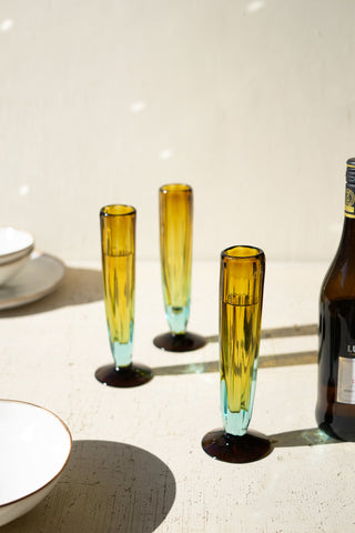 RECYCLED FLUTED CHAMPAGNE GLASS – AMBER AND CLEAR