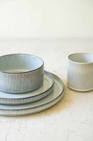 SET OF FOUR RIBBED LIGHT GREY CERAMIC MUGS