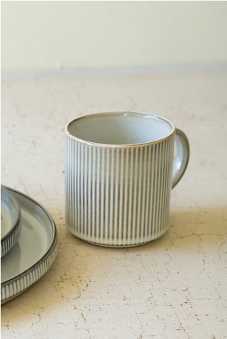 SET OF FOUR RIBBED LIGHT GREY CERAMIC MUGS