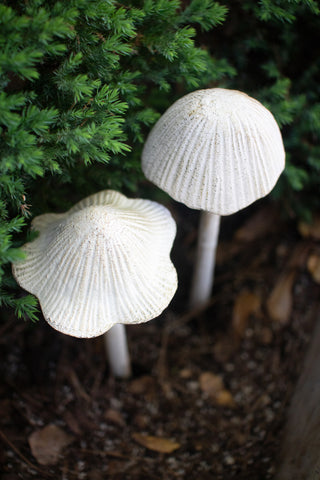 SET OF TWO CAST IRON MUSHROOMS - ANTIQUE WHITE