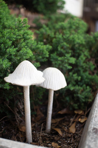 SET OF TWO CAST IRON MUSHROOMS - ANTIQUE WHITE