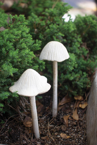 SET OF TWO CAST IRON MUSHROOMS - ANTIQUE WHITE