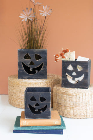 SET OF THREE WOODEN JACK-O-LANTERN BOXES - ANTIQUE BLACK