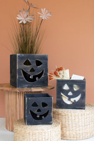 SET OF THREE WOODEN JACK-O-LANTERN BOXES - ANTIQUE BLACK