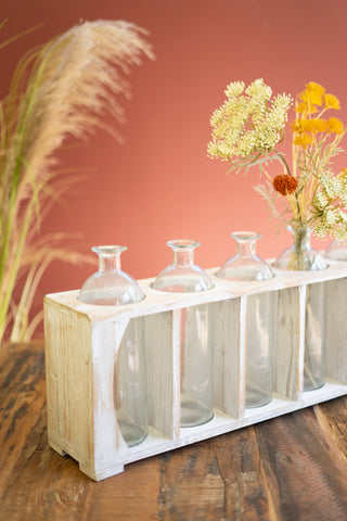 FIVE GLASSS BUD VASES IN A WOODEN CRATE - ANTIQUE WHITE